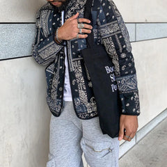 Hearujoy Mens Coat Long-Sleeved Zipper Thickened Warm Bomber Baseball Uniform Cashew Flower Print Casual Cotton Jacket Men'S Clothing