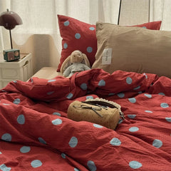 YICKYUE  -  3/4pcs Nordic Dots Bedding Set Flat Sheet Red Blue Duvet Cover Twin Full Queen Bed Linen Boy Girl Adult  Polyester Bedding Sets