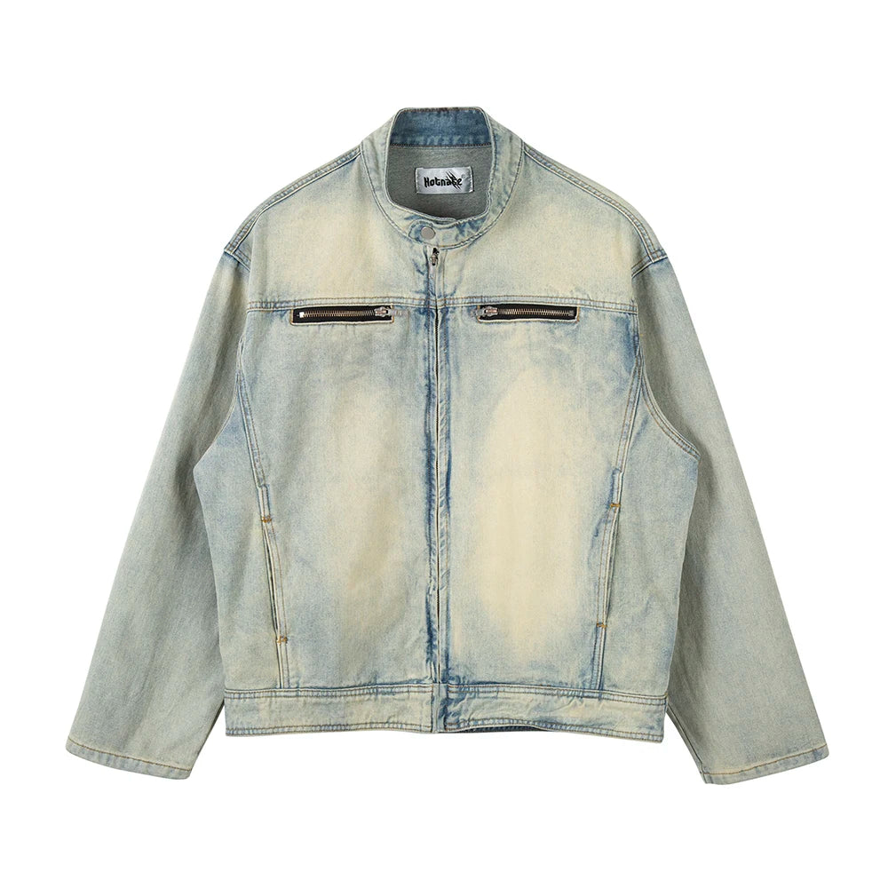 Hearujoy Y2k Streetwear Washed Biker Jeans jackets for Men and Women Zipper Pocket Ropa Hombre Windbreaker Denim Coat Oversized