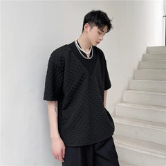 Hearujoy New Summer Korea Waffle T-shirt Fashion Tide Personality V-neck Design Loose Short Sleeve Minority Men Tees Black White