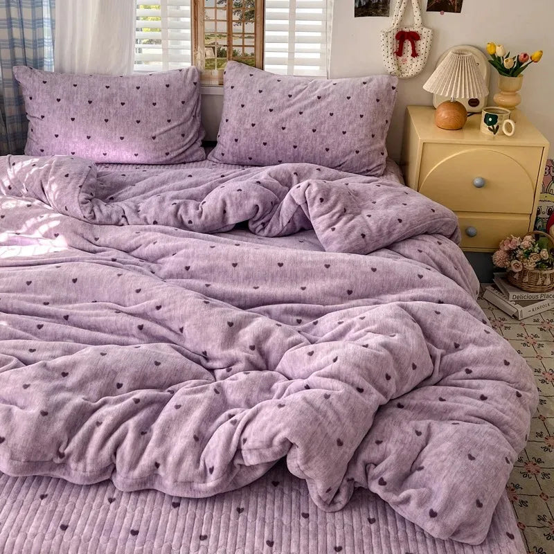 YICKYUE  -  Polka Dot Milk Velvet Duvet Cover Thick Plush Warm Winter Comforter Cover Queen King Size Soft Cozy Quilt Cover and Pillowcases