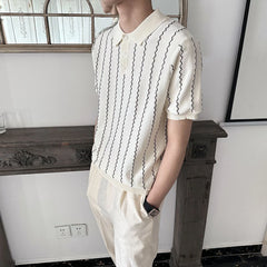 HEARUJOY  -  Summer New Men's Striped Knitted Short-Sleeved T-Shirt Retro Fashion Trend Casual Simple Loose Breathable Business Men's Tops