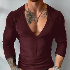 HEARUJOY  -  Tops American Style Sexy Men's V-neck Striped T-shirt Casual Well Fitting Male Hot Sale Long Sleeved Camiseta S-5XL