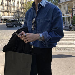 HEARUJOY  -  Men Denim Long Sleeve Shirt High End Outfit British Yuppie Style Shirt Spring Autumn New Versatile Outerwear