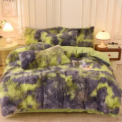 YICKYUE  -  4pcs Colorful Printed Plush Four Piece Set Winter Mink Fur Set for Duvet Covers Thick Crystal Velvet Bed Sheet Bedsheet Skirt