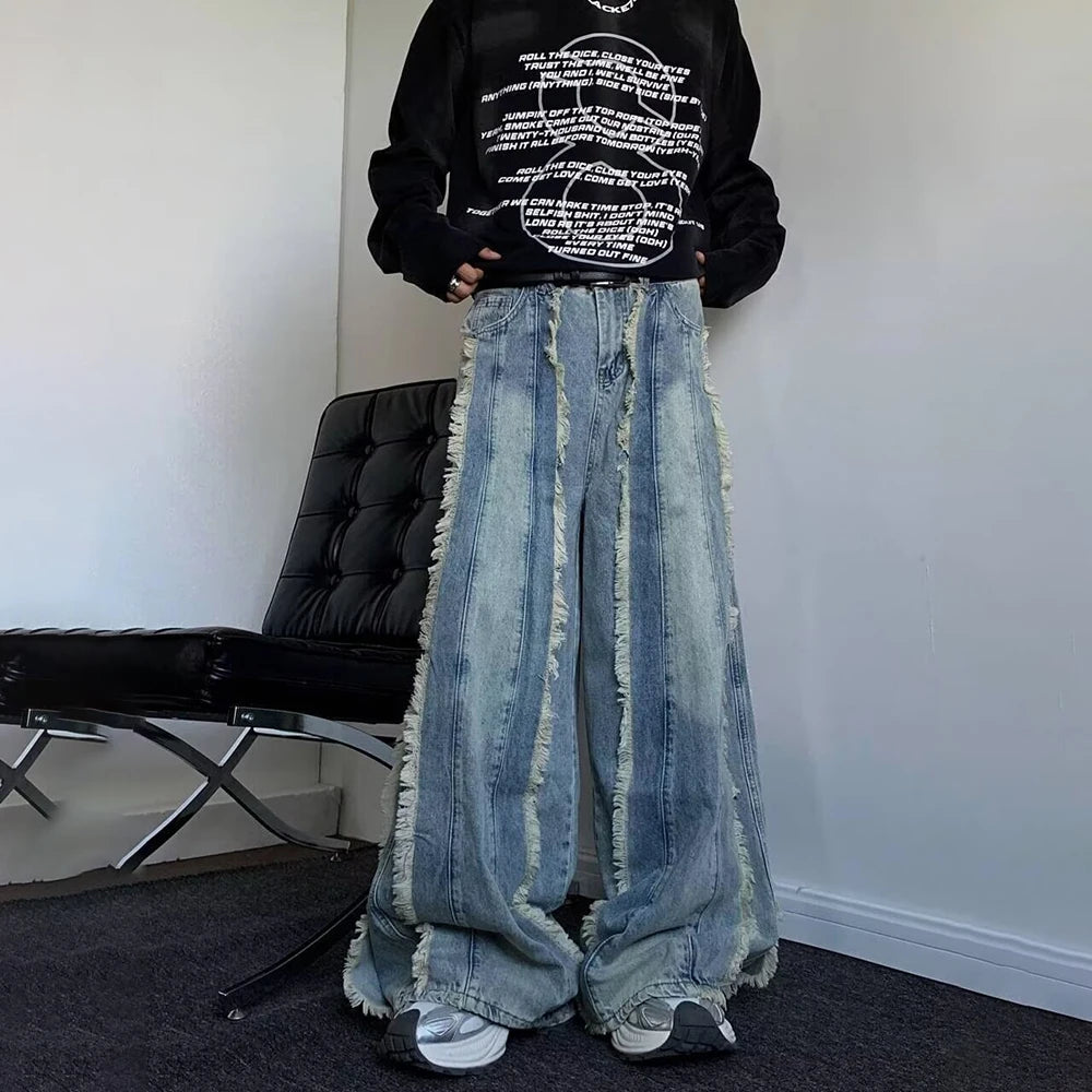 Hearujoy Mens Pants Heavy-Duty Frayed Edge Splicing Design Washed Worn Denim Jeans Autumn Hawaiian Vintage Baggy Wide Leg Pants Unisex