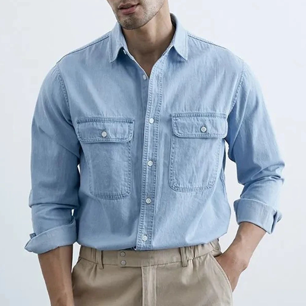 Hearujoy Mens Y2k Shirt Free Ironing Flip Pocket Denim Long-Sleeved Shirt Autumn New Fashion Casual Moisture Wicking Breathable Top