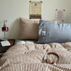 YICKYUE  -  Simple Striped Bedding Set Washable Cotton Dark Gray Quilt Cover With Pillowcases Bed Sheet Set Skin-Friendly Soft Single Twin