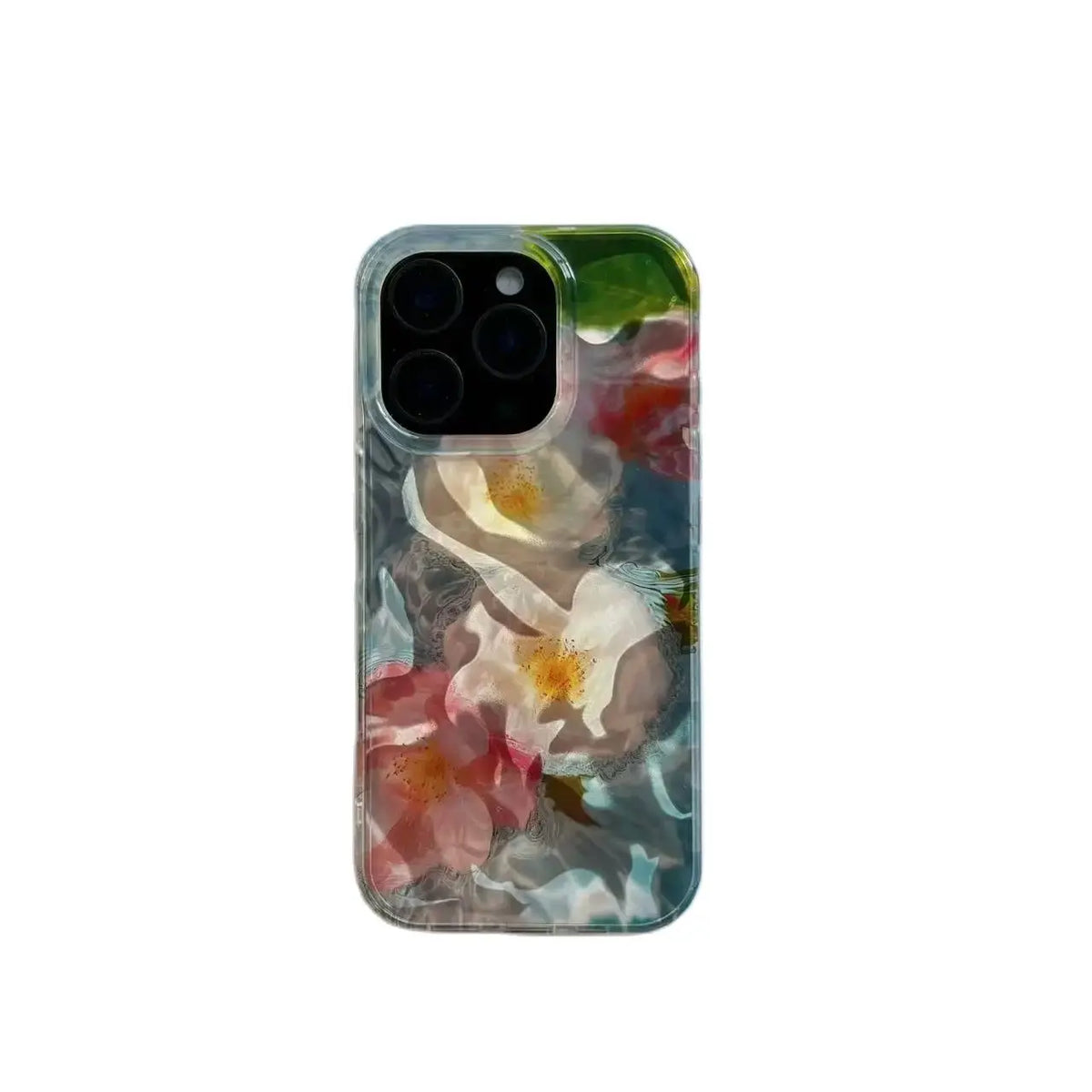 YICKYUE  -  Pink White Camellia Reflected Dazzling Water Ripple Camlet Silk Glacial Texture Cover Case for iPhone 12 13 14 15 16 17 Pro Max