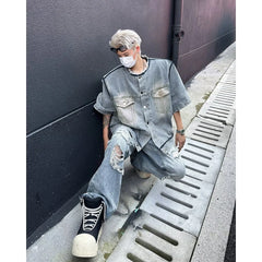 HEARUJOY  -  Short Sleeved Mens Denim Jackets Summer Fur Edge Retro Trend Tooling Cowboy Tops Hip Hop Multiple Pockets Shoulder Pads Shirts