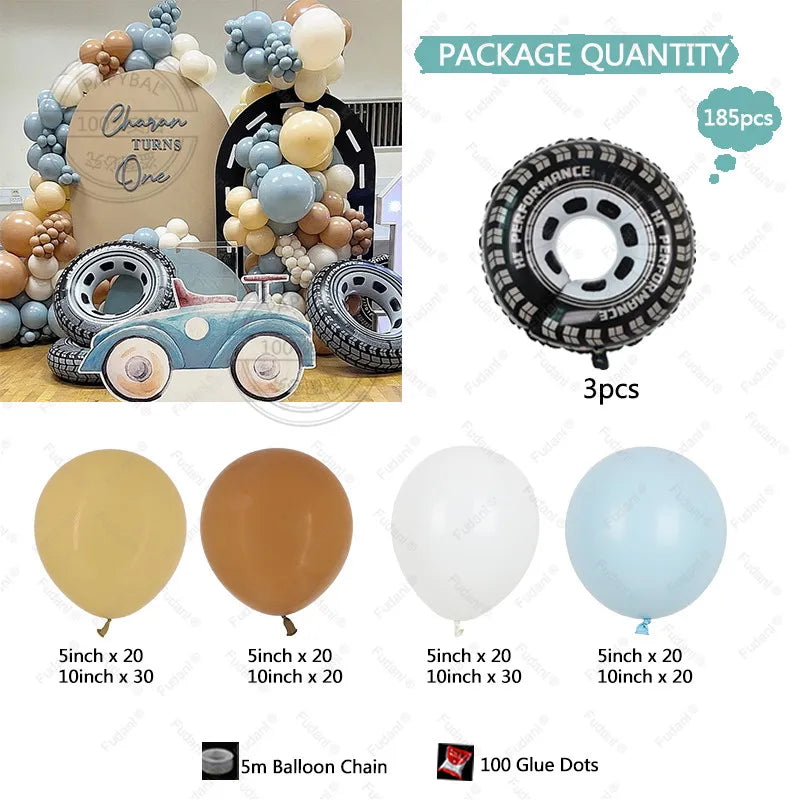 YICKYUE  -  185pcs Racing Car Theme Tire Foil Balloon Set blue brown latex balloon Boys Birthday Party Decora Tow Fast Baby Shower Supplies