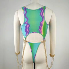 Hearujoy Men Nightclub Jumpsuit Colorful Printed Chain T Shaped Jumpsuit Sexy Lingerie Fetish Nightwear Bodysuit Siamese Underwear