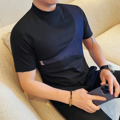 HEARUJOY  -  Men's Stretch Cotton Crew Neck Tee Metallic Belt Accent  69% Cotton Urban Streetwear Top Asymmetric Panel  Tailored Hem