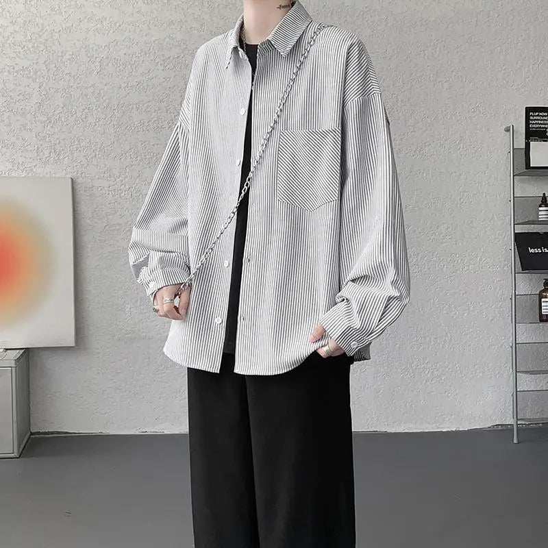 YICKYUE  -  Men's Casual Shirt Single Breasted Striped Long Sleeve Shirt with Chest Pocket Loose Fit ComfortableShirt for Office Wear