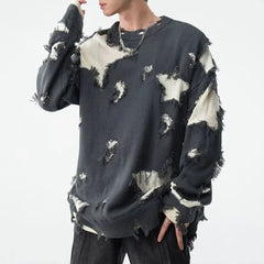 Hearujoy Mens Autumn Winter Y2k Hole Distressed Fake Two-Piece Sweater Essential Oversize Loose Trendy High Street Retro Knitted Sweater