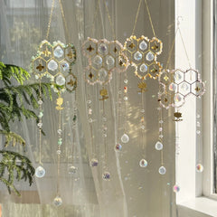 YICKYUE  -  Honeycomb Bee Crystal Sun Catcher Wall Hanging Natural Chip Stones Prism Rainbow Maker Lotus Pendant Window Home Decor Ornaments