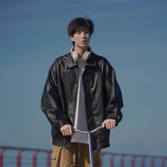 HEARUJOY  -  Vintage Wash PU Leather Jacket Unisex Warm Autumn Spring Outfit Streetwear Functional Loose Coat with Modern Design