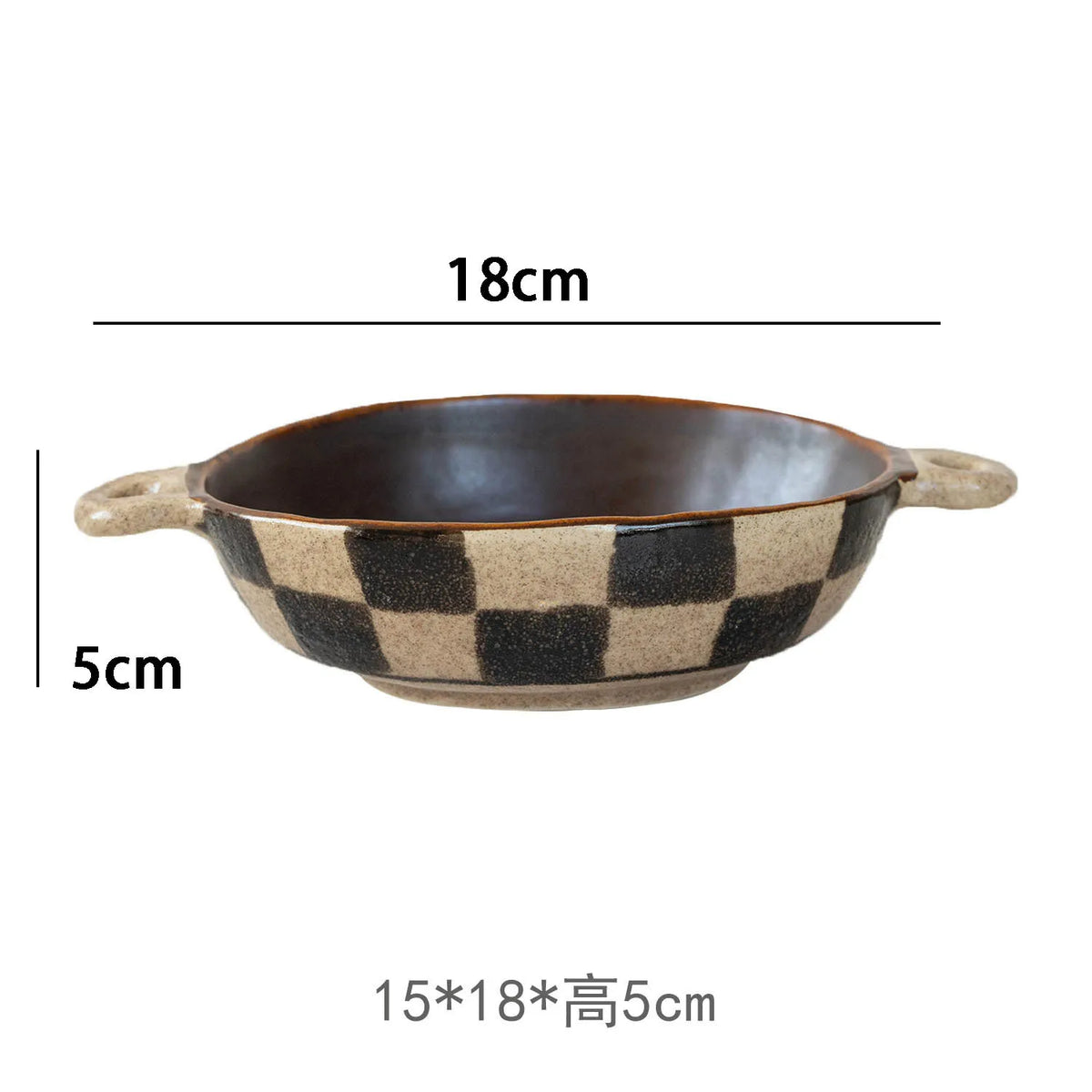 YICKYUE  -  Vintage Style Chessboard Pattern Ceramics Double Ear Noodle Bowl Breakfast Bowl Fruit Salad Plate Soup Bowl Creativity Tableware