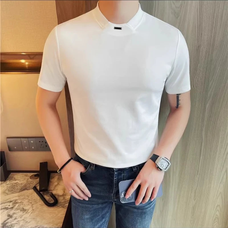 HEARUJOY  -  Men's 46% Cotton Semi-Turtleneck Tee | Slim Fit Casual Short Sleeve Shirt Stylish Slim-fit Semi-high Neck Breathable T-shirt