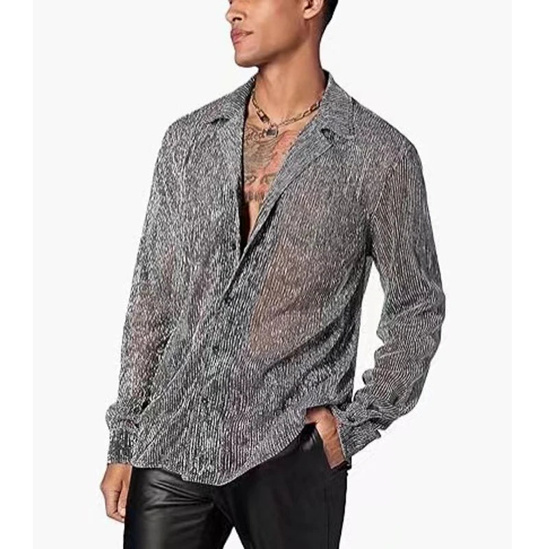 HEARUJOY  -  Spring Summer Men's Fashion Shirt Bright Crystal Perspective Vintage Shirt Long Sleeve Casual Breathable Shirt For Male Tops