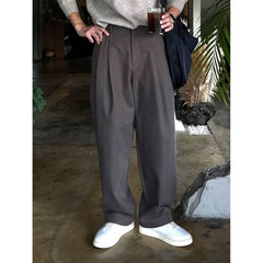 HEARUJOY  -  Casual Men's Pleated Dark Grey Western Pants Buckle Design Wide Leg Pants Versatile Long Trousers for Business And Leisure