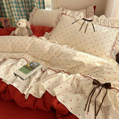 YICKYUE  -  3/4Pcs Bedding Set Euro Princess Bedding Duvet Cover Cotton 100% Lace Bow Bed Linen With Ruffles Double Bed Lace Pillowcase