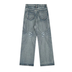 Hearujoy Radial grid embroidered denim straight striped trousers fashionable street retro casual couple fashion trend trousers