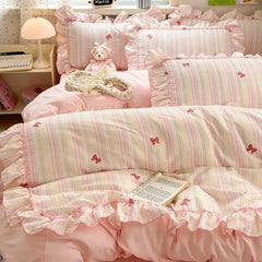 YICKYUE  -  3pcs pink seersucker Duvet Cover Set (1*Duvet Cover + 2*Pillowcase, Without Core),pink bow Bedding Set
