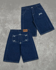 Hearujoy Street Geometry Graphic Embroidery Baggy Denim Shorts Y2k Retro Hip Hop Trendy Gym Basketball Shorts Men Women Jorts