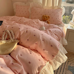 YICKYUE  -  3/4Pcs Bedding Set Korean Princess 100% Cotton Pink Bed Sheet Ruffle Couple Quilt Duvet Cover Beddings Sets Full For Home