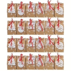 YICKYUE  -  12 Pcs Christmas Kraft Paper Gift Bags With Hanging Tags And Xmas Ribbon, Holiday Treat Sacks With Snowman, Santa, Tree, Sock