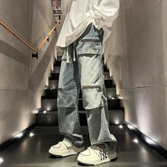 Hearujoy Oversize Zipper Workwear Jeans Straight Tube Loose American Plus Size Men's Pants High Street Vibe Trendy Brand Hip-hop