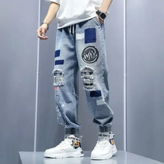 Hearujoy Men's Jeans Harem Torn Tapered Vintage Loose Trousers with Print Regular Kpop Boot Cut Slim Fit 2024 Trend Soft Man Cowboy Pants