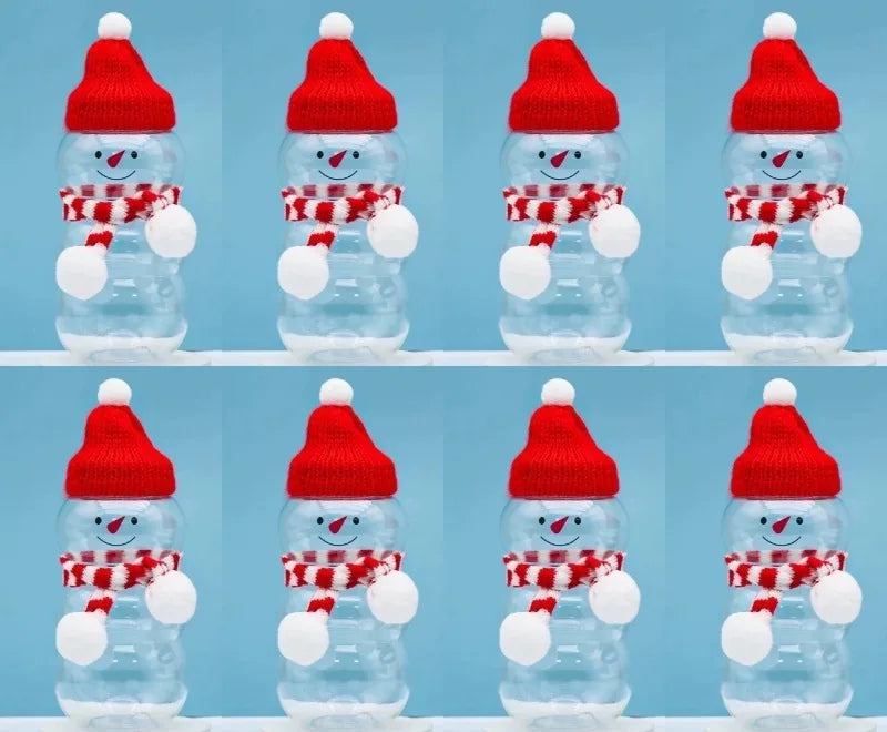 YICKYUE  -  8 Pcs Snowman-Shaped Transparent Storage Jars & Red Lids and Red/White Striped Scarves Red Hats Cute Christmas Decorations