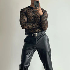 Hearujoy Mens Lace Perspective Hollow Sports Fitness Slim Long-Sleeved Top Autumn Sexy Nightclub Breathable Bottoming Shirt For Men