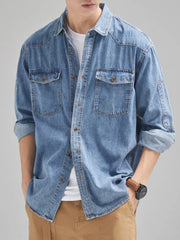 Hearujoy 2024 New Denim Cotton Men's Shirt Long Sleeve Black Blue Drop Shoulder Button Pockets Cowboy Loose Casual Work Jeans Shirts