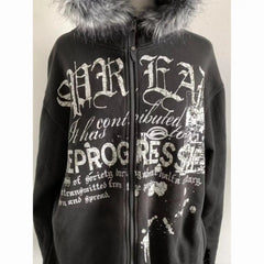Hearujoy Gothic Retro Y2K Letter Pattern Black Plush Collar Zipper Hoodie Women's Autumn and Winter Warm 2000s Harajuku Cardigan Jacket