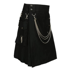 Hearujoy Summer Fashion Utility Kilt with Silver Chains Black Skirt Men's Scottish Festival Skirts Punk Rock Metal Pendant Pleated Skirt