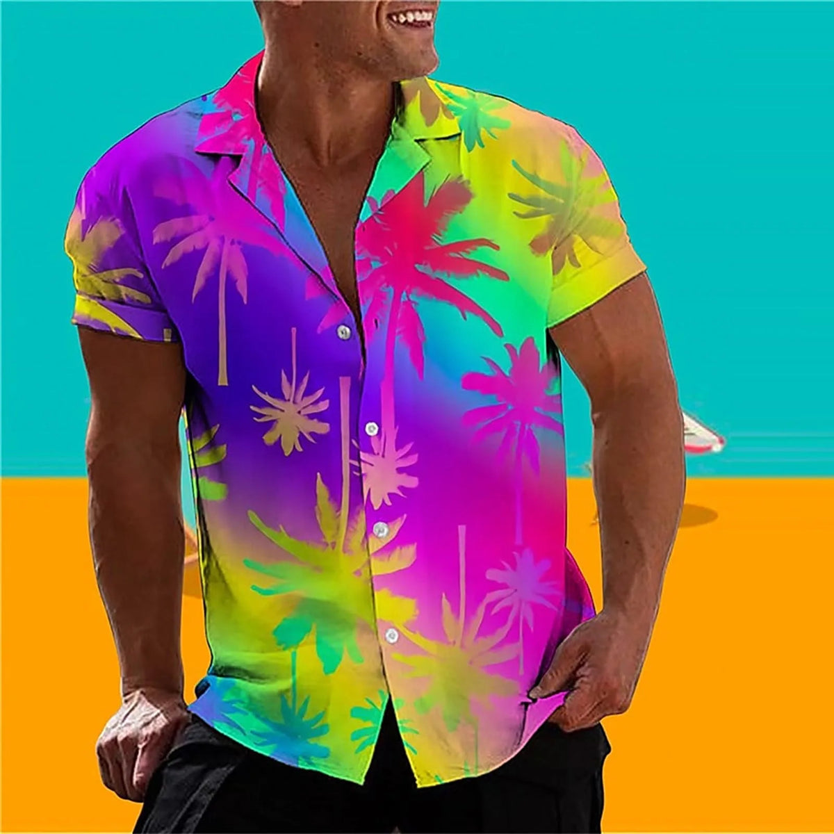 HEARUJOY  -  Wrinkle-Free New Men'S Shirt Casual Men'S Loose Lapel Coconut Tree Print Short Sleeve Cuffs Button Port Roupas Masculinas