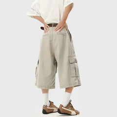 HEARUJOY  -  Summer Cotton Casual Pants Men Pocket Cargo Pants Men Japanese Streetwear Hip-hop Loose Wide Leg Pants Mens Calf-Length Pants