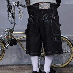 Hearujoy Mens Casual Cropped Pants American Street Retro Hiphop Hiphop Wide Leg Straight Over The Knee Original Color Jeans Summer