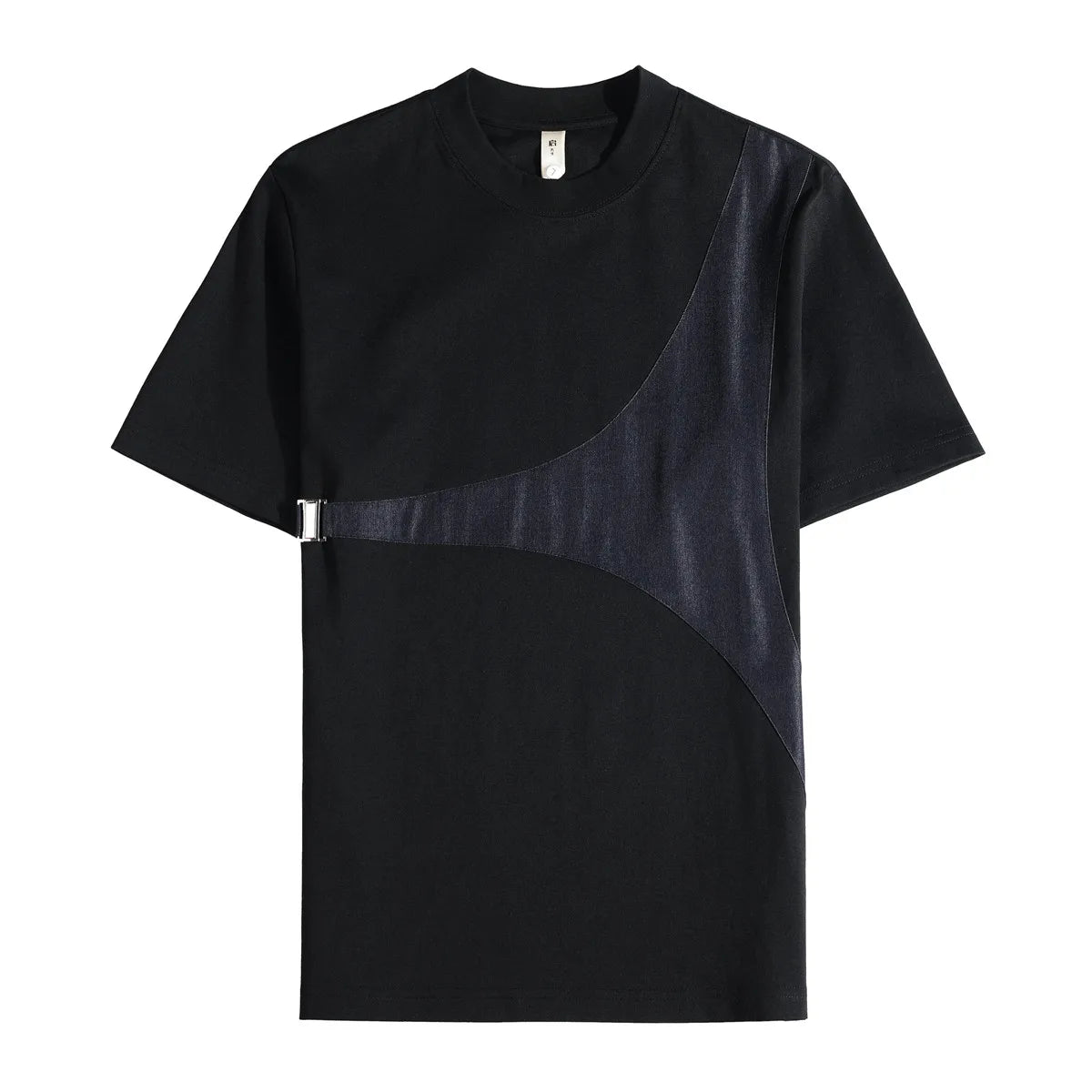HEARUJOY  -  Men's Stretch Cotton Crew Neck Tee Metallic Belt Accent  69% Cotton Urban Streetwear Top Asymmetric Panel  Tailored Hem