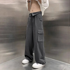 Hearujoy Wide Leg Cargo Pants Men Gray Casual Cargo Trousers Male Loose Streetwear Hip Hop Pocket Safari Style Men Clothing