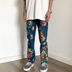 HEARUJOY  -  Y2K Fashion Flowers Print Slim Hip Hop Jeans Pants For Men Clothing Skateboard Streetwear New Rock Denim Trousers