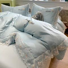 YICKYUE  -  3/4Pcs Bedding Set Euro Summer Cooling Tencel Pre-Washed Silk Blue Butterfly Lace Trim Luxury Duvet Cover Includes Pillowcase
