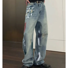 HEARUJOY  -  Street Graffiti Mens Jeans Autumn High Street Color Blocked Washed Wide Legs Cowboy Pants Loose Straight Tube Denim Trousers