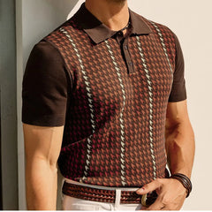 HEARUJOY  -  Summer New Men's Houndstooth Jacquard Short-Sleeved Knitted Polo Shirt Retro Fashion Trend Casual Loose Daily Business Mens Tops
