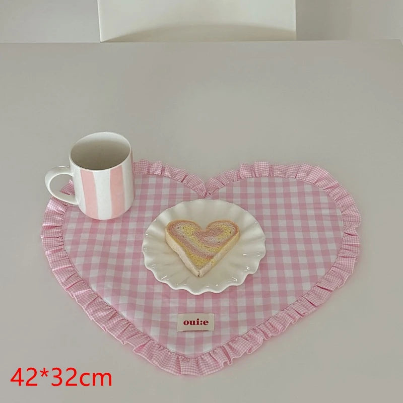 YICKYUE  -  Placemats Dining Table Korean Plaid Heart-shaped Placemat Water Cup Mat Cute Pleated Lace Mat Fabric Coaster Dining Mat