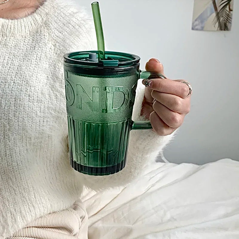 YICKYUE  -  400ml Retro Glass Tumbler With Lid And Straw Glass Coffee Cup Thick Glass Mug Milk Juice Cup Transparent/Green Juice Mocha Cups