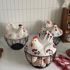 YICKYUE  -  1pc Farmhouse Hen-Shaped Ceramic Egg Baske -Ceramic Egg Holder with Lid,Rustic Kitchen Organizer for Fruits/Veggies